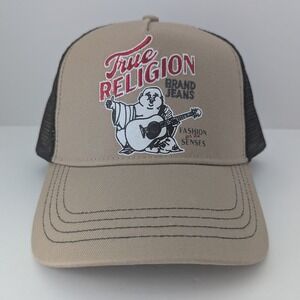 True Religion Buddha Embroidered Trucker Hat Travertine Tan Black TR4241 NWT